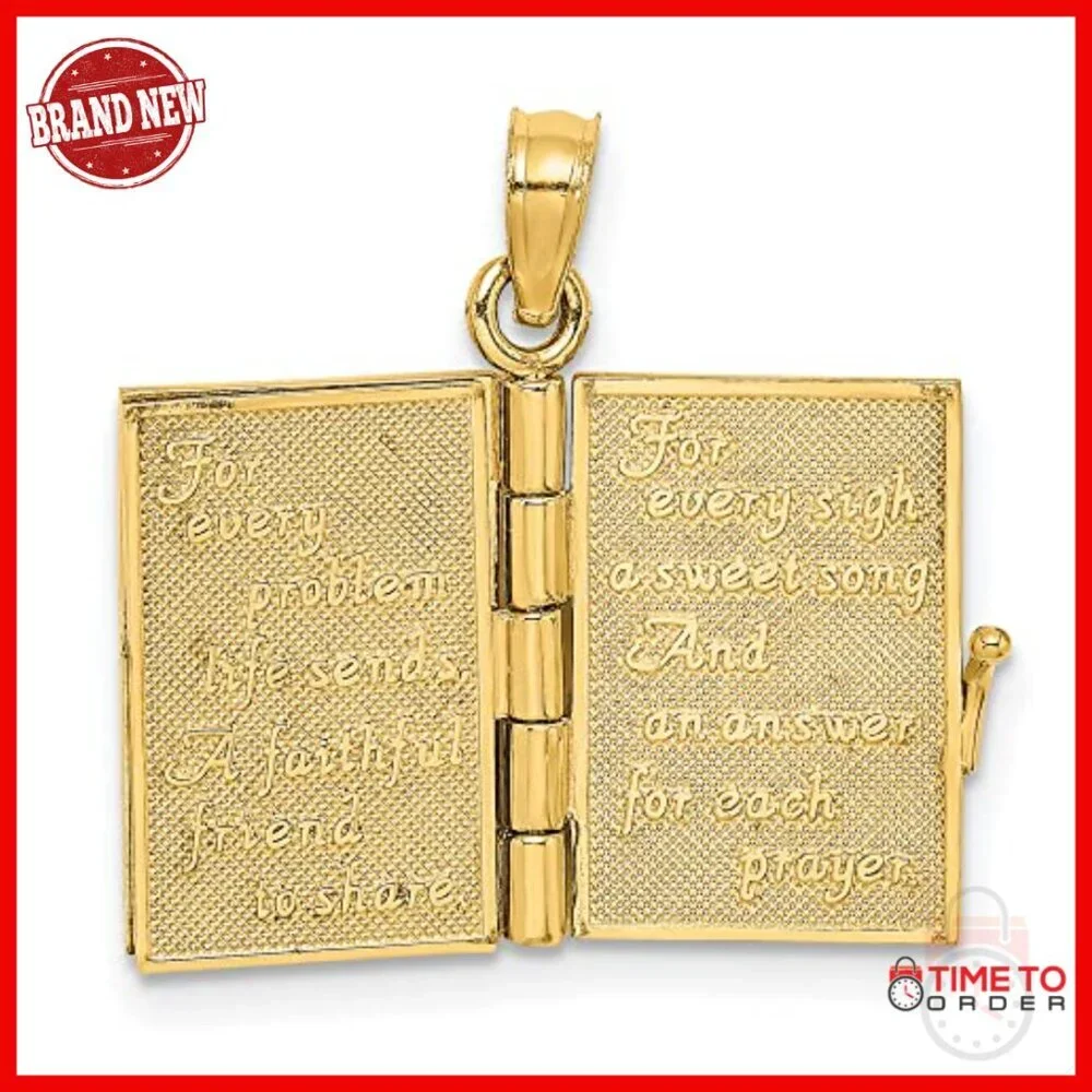 10k Yellow Gold Book Locket Pendant with Shamrock Charm, Religious Keepsake
